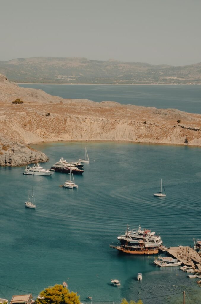 motor yachts in bay on sea shore on rhodes in greece